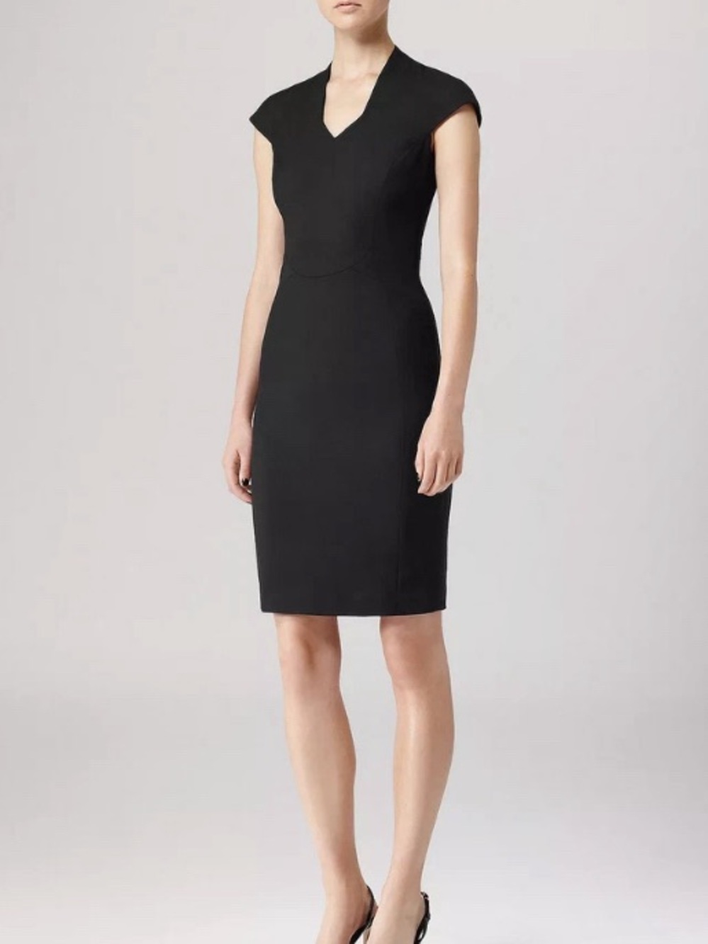 Reiss Black V-Neck Cap-Sleeve Midi Dress